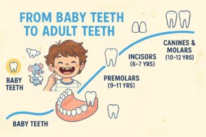 Teaching diagram showing how a child's baby teeth develop into permanent teeth