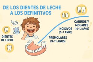 Esquema de la evolución de los dientes de leche hacia los dientes definitivos en el niño