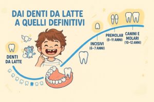 Schema dell'evoluzione dei denti da latte verso i denti definitivi nel bambino