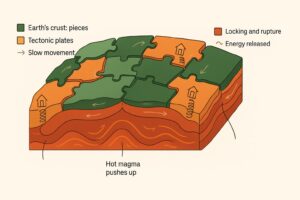 3D illustration of the Earth's crust as interlocking tectonic plates floating on hot magma