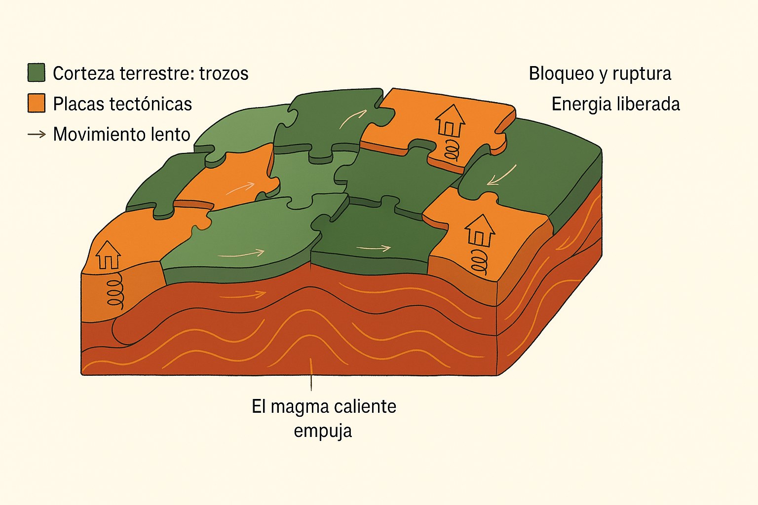 Ilustracion 3D de la corteza terrestre como placas tectonicas que encajan flotando sobre magma caliente