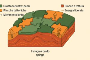 Illustrazione 3D della crosta terrestre come placche tettoniche che si incastrano galleggiando sul magma caldo