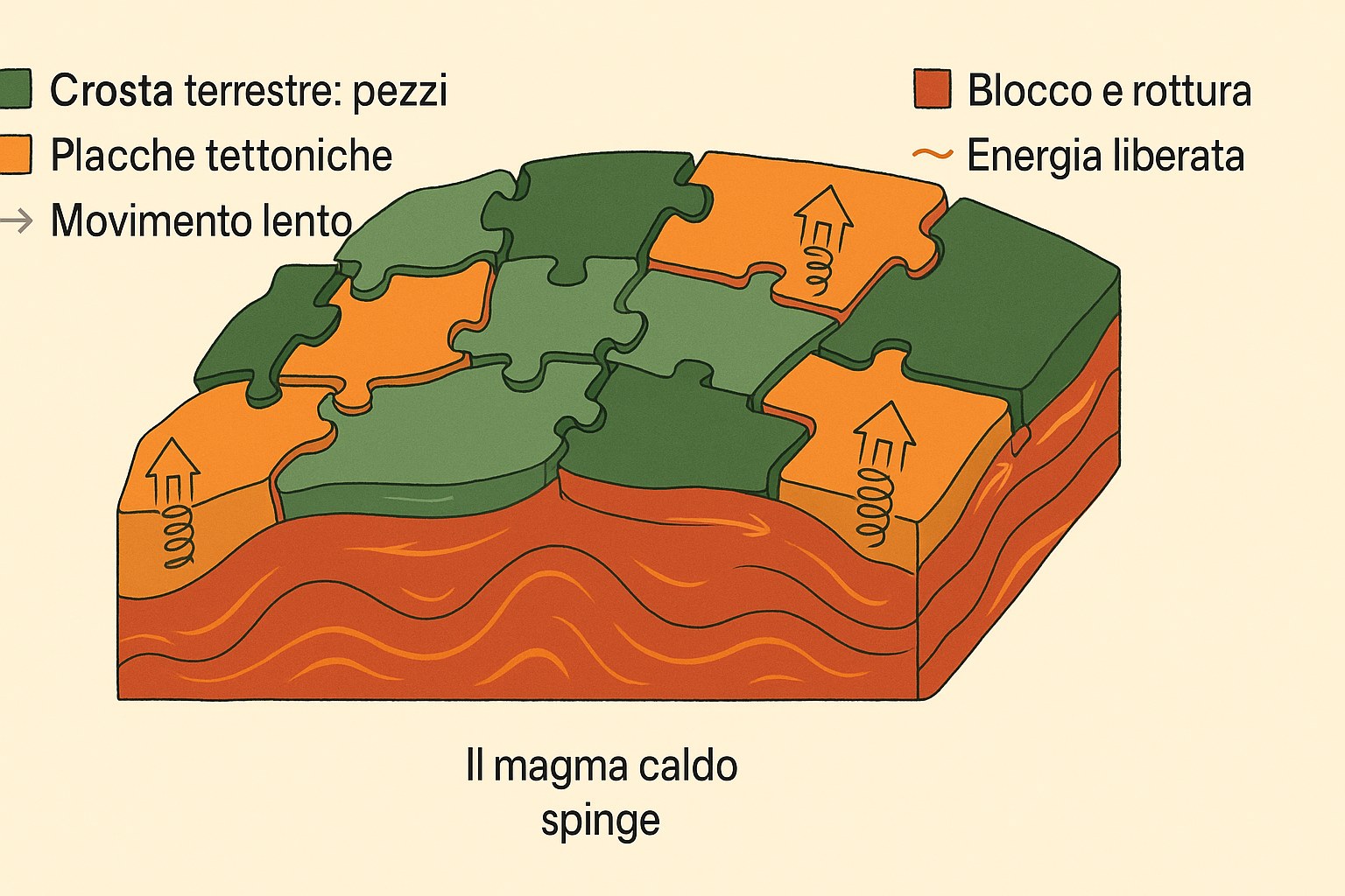 Illustrazione 3D della crosta terrestre come placche tettoniche che si incastrano galleggiando sul magma caldo
