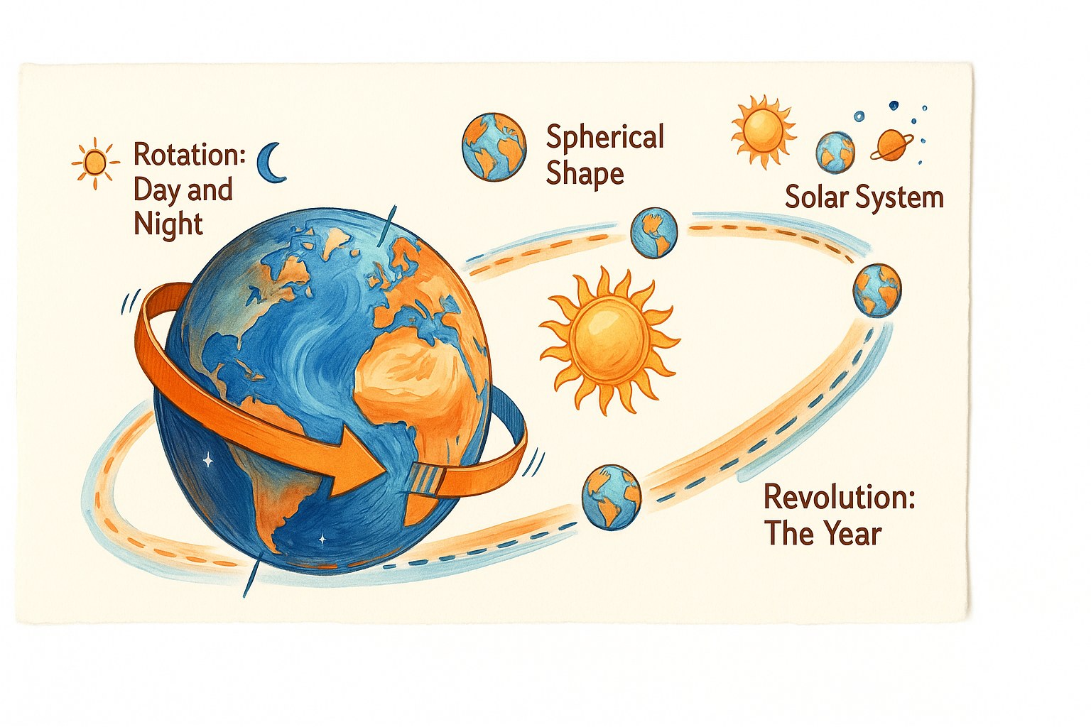 Diagram showing Earth's rotation on its own axis and its revolution around the Sun