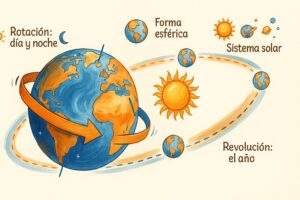 Esquema que muestra la rotacion de la Tierra sobre su propio eje y su revolucion alrededor del Sol
