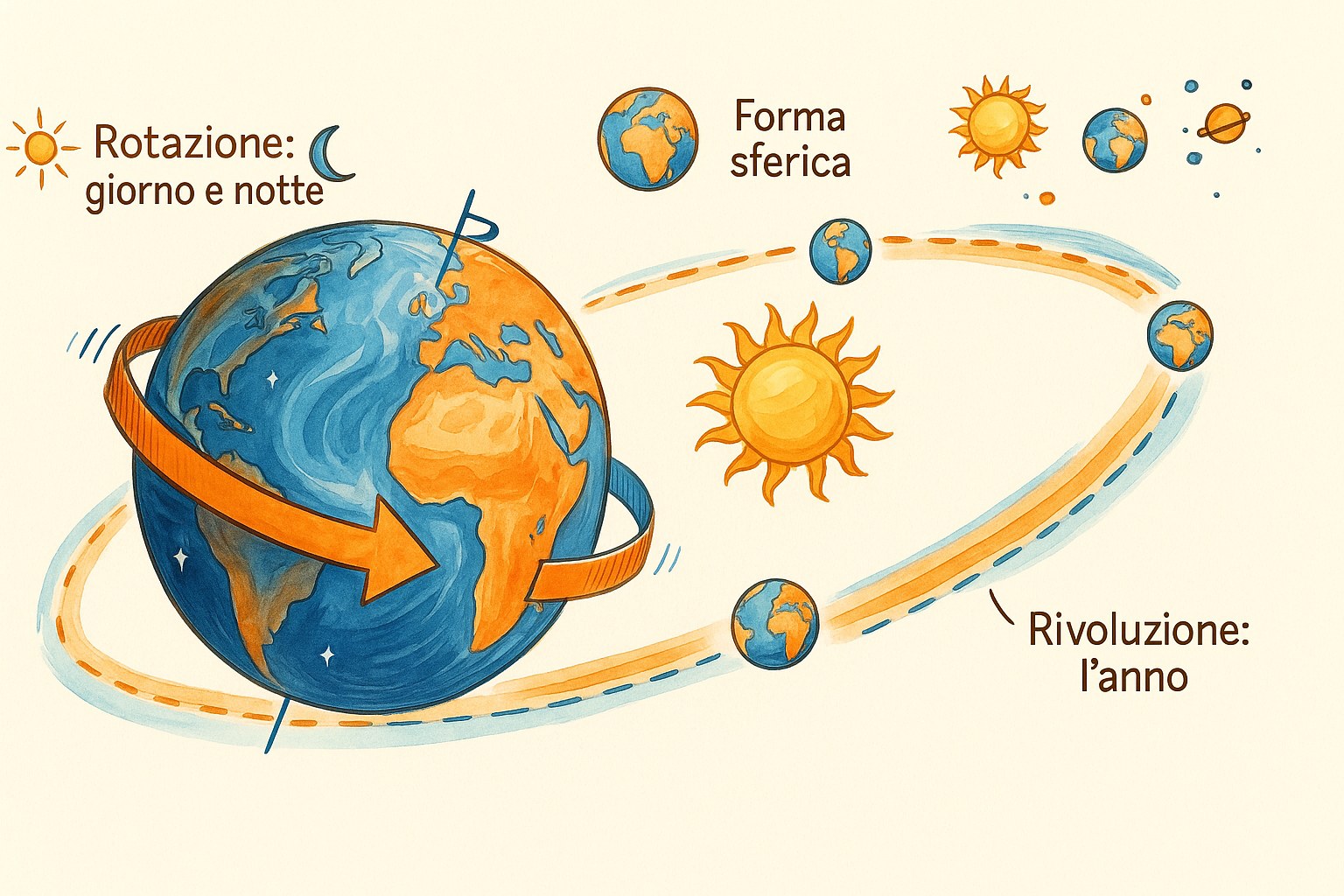 Schema che mostra la rotazione della Terra sul proprio asse e la sua rivoluzione intorno al Sole