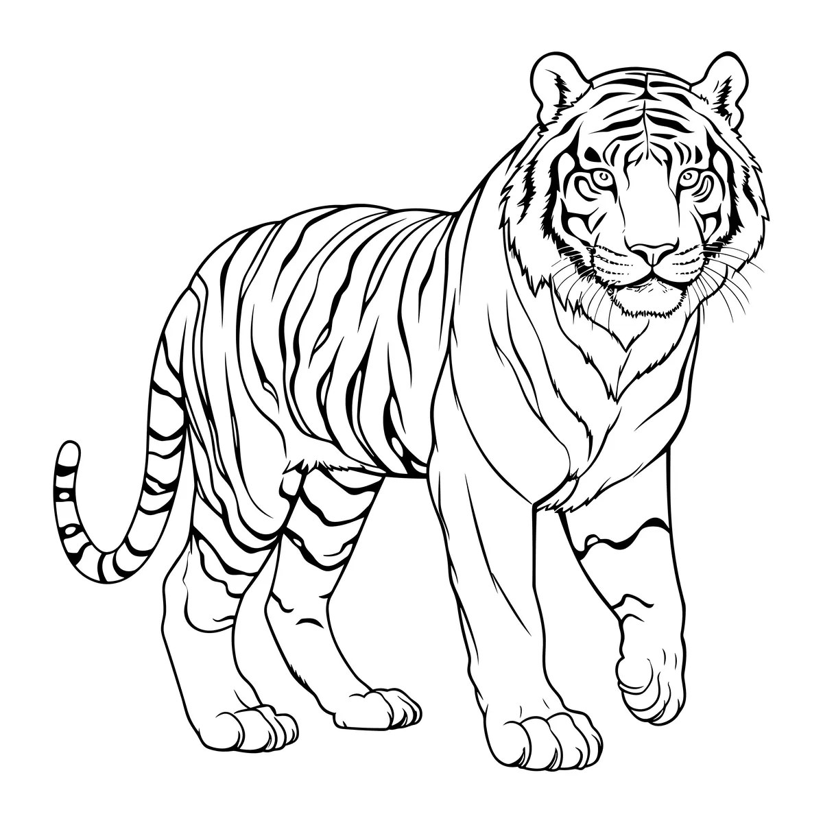 Dibujo de tigre cartoon sentado entre hojas tropicales para imprimir