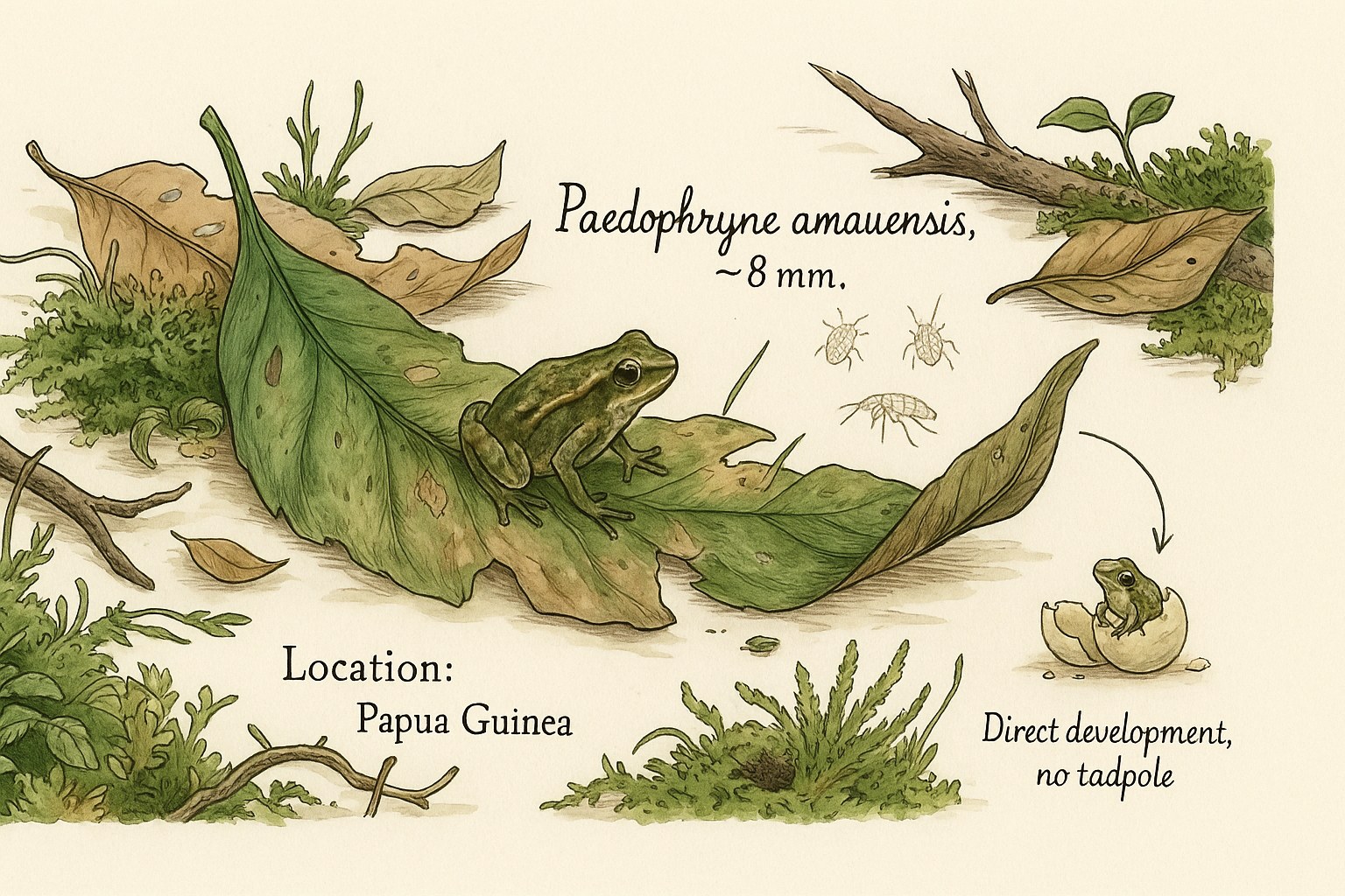 The tiny Paedophryne amauensis frog on a leaf, the smallest vertebrate