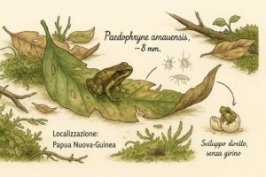 La minuscola rana Paedophryne amauensis su una foglia, il vertebrato piu piccolo