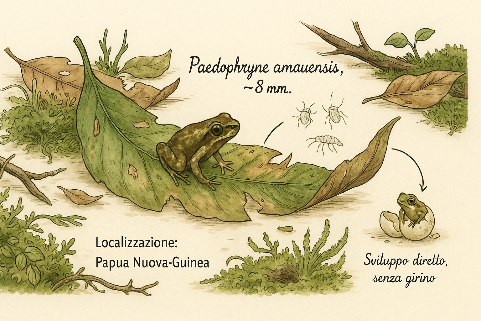 La minuscola rana Paedophryne amauensis su una foglia, il vertebrato piu piccolo