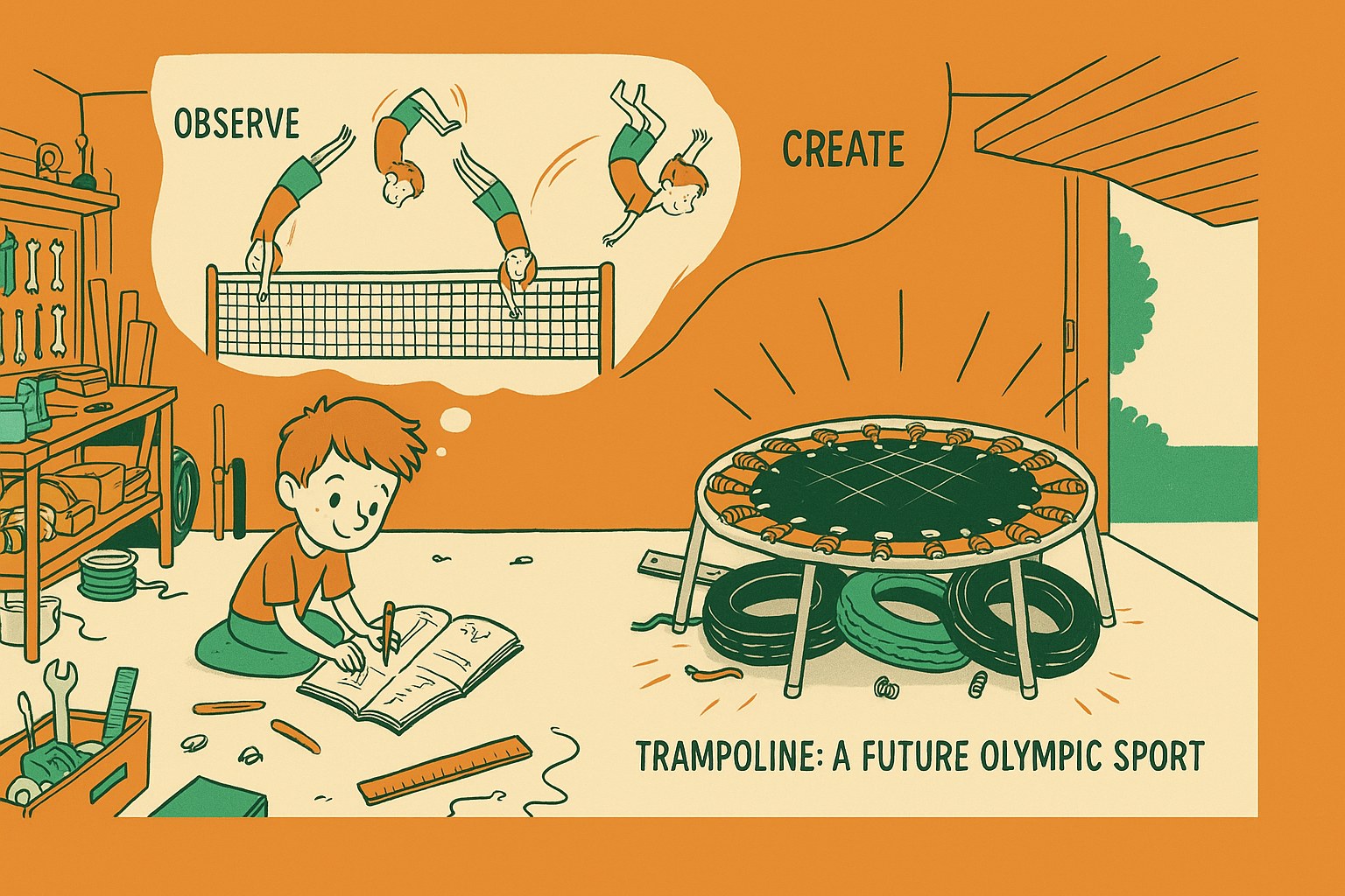 Illustration of the invention of the trampoline by George Nissen, inspired by the circus, with labels in English