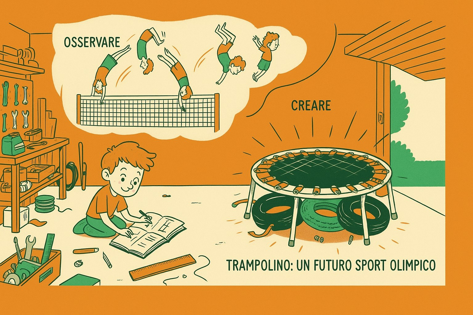 Illustrazione dell'invenzione del trampolino di George Nissen, ispirato al circo, con etichette in italiano