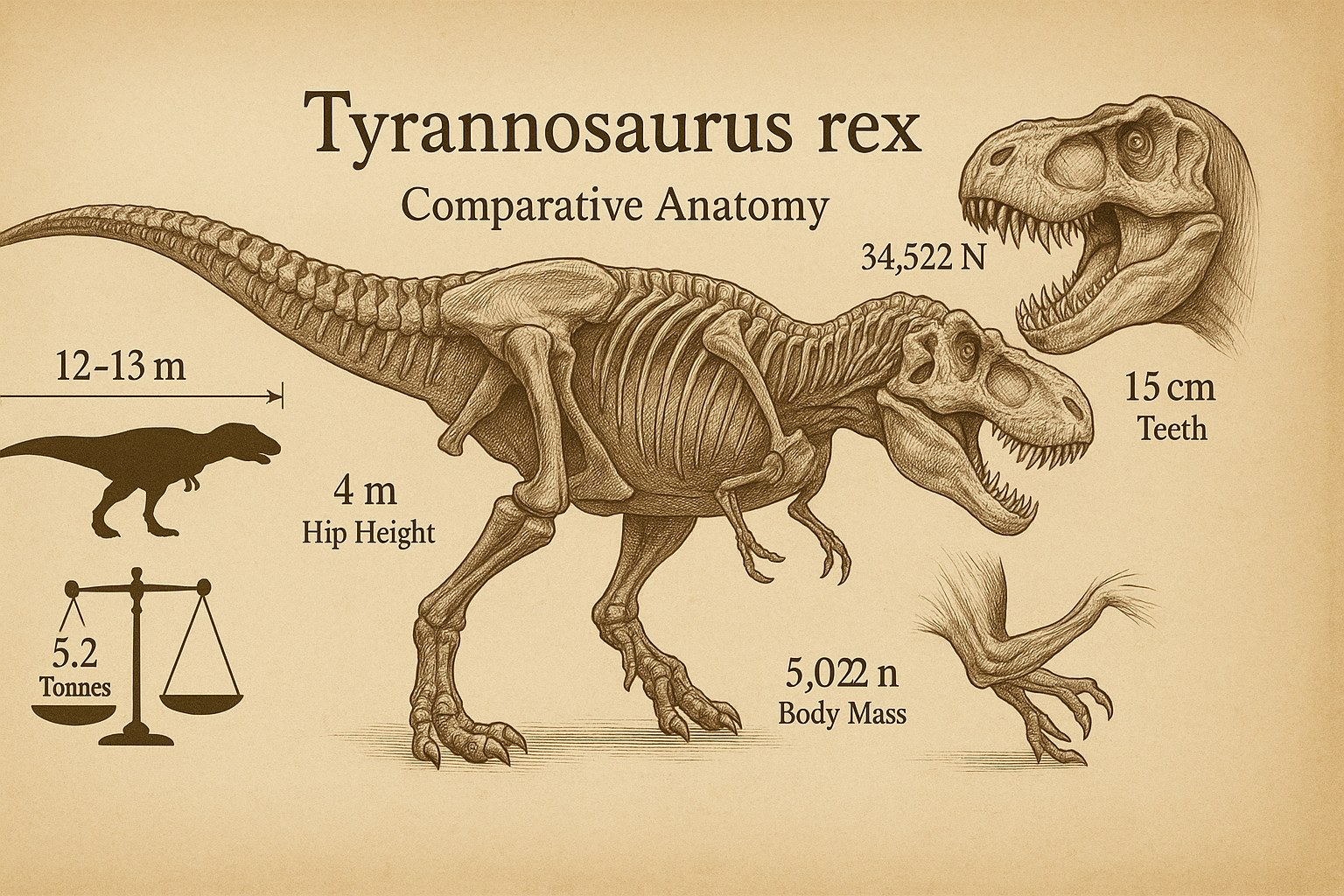 Striking Tyrannosaurus rex skeleton showing its massive frame