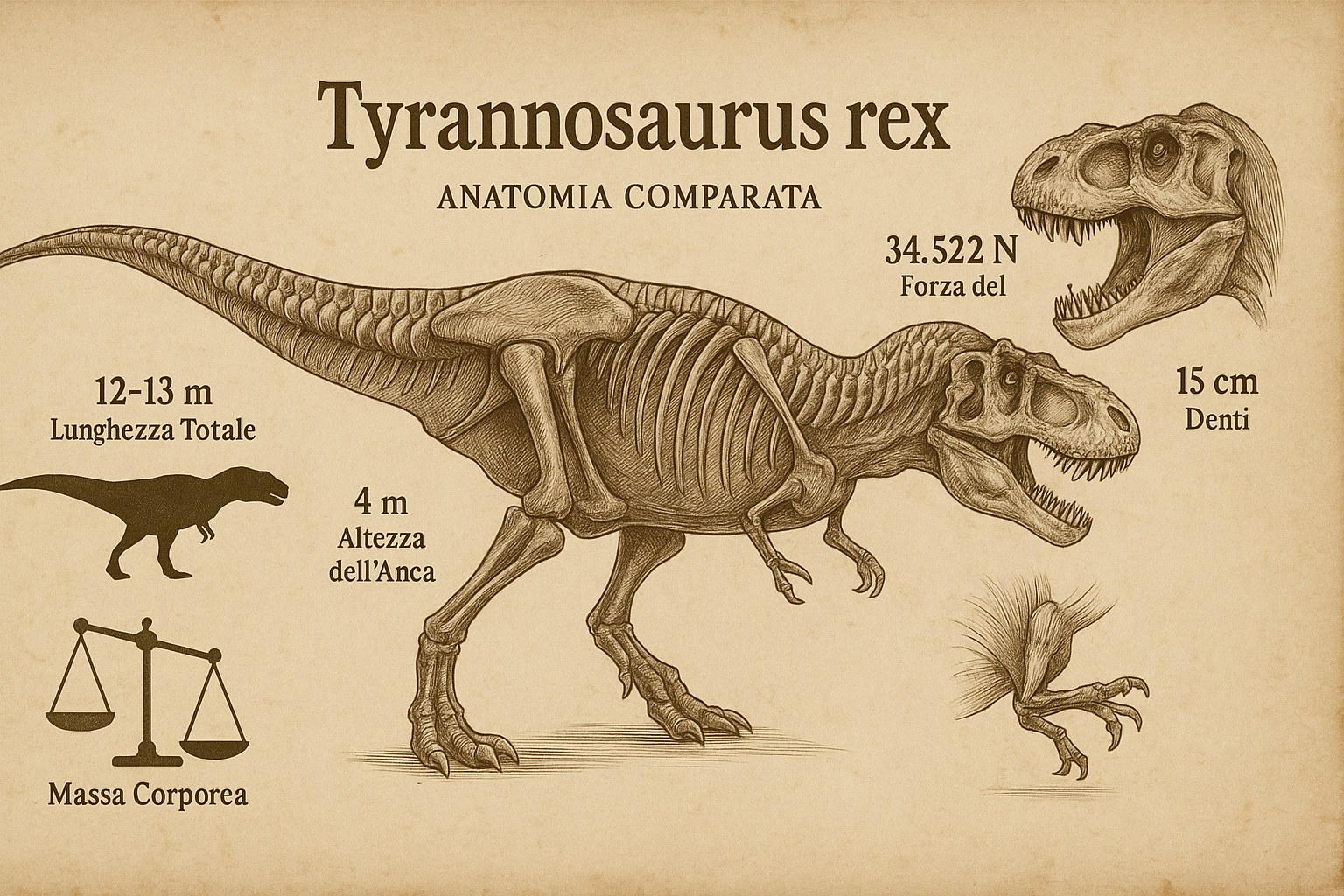 Spettacolare scheletro del Tyrannosaurus rex che mostra la sua struttura massiccia