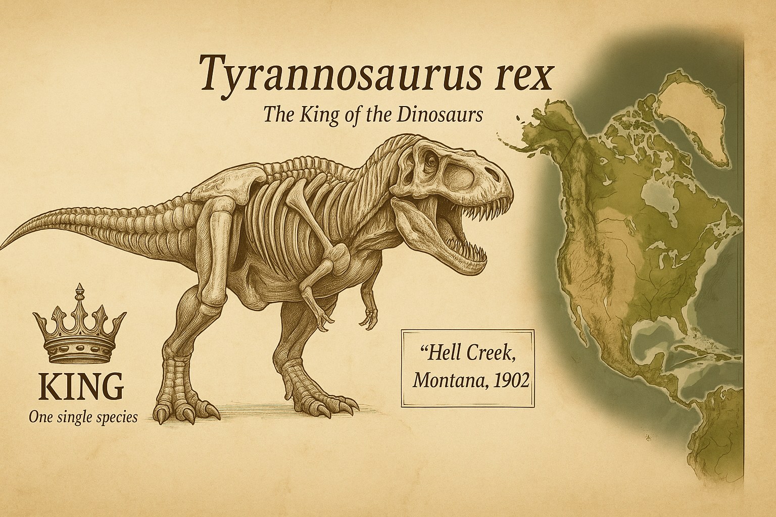 Vintage infographic of the Tyrannosaurus rex, king of the dinosaurs, with a North America map