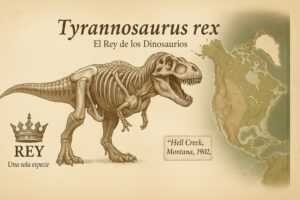 Infografia vintage del Tyrannosaurus rex, rey de los dinosaurios, con un mapa de America del Norte