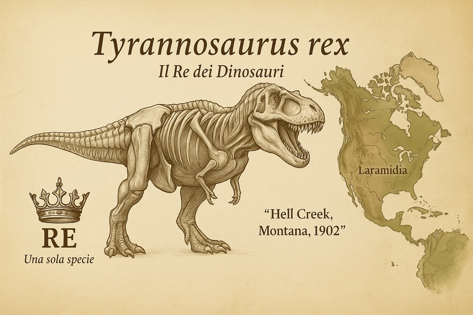 Infografica vintage del Tyrannosaurus rex, re dei dinosauri, con una mappa del Nord America