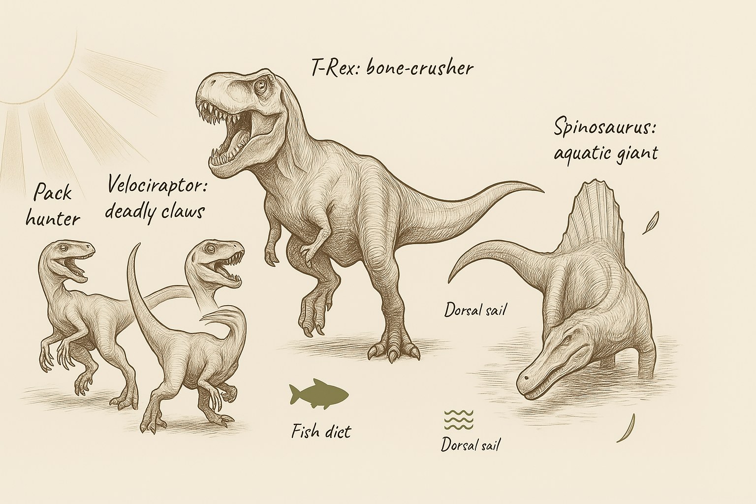 Illustration of a T-Rex and a Spinosaurus in a prehistoric landscape