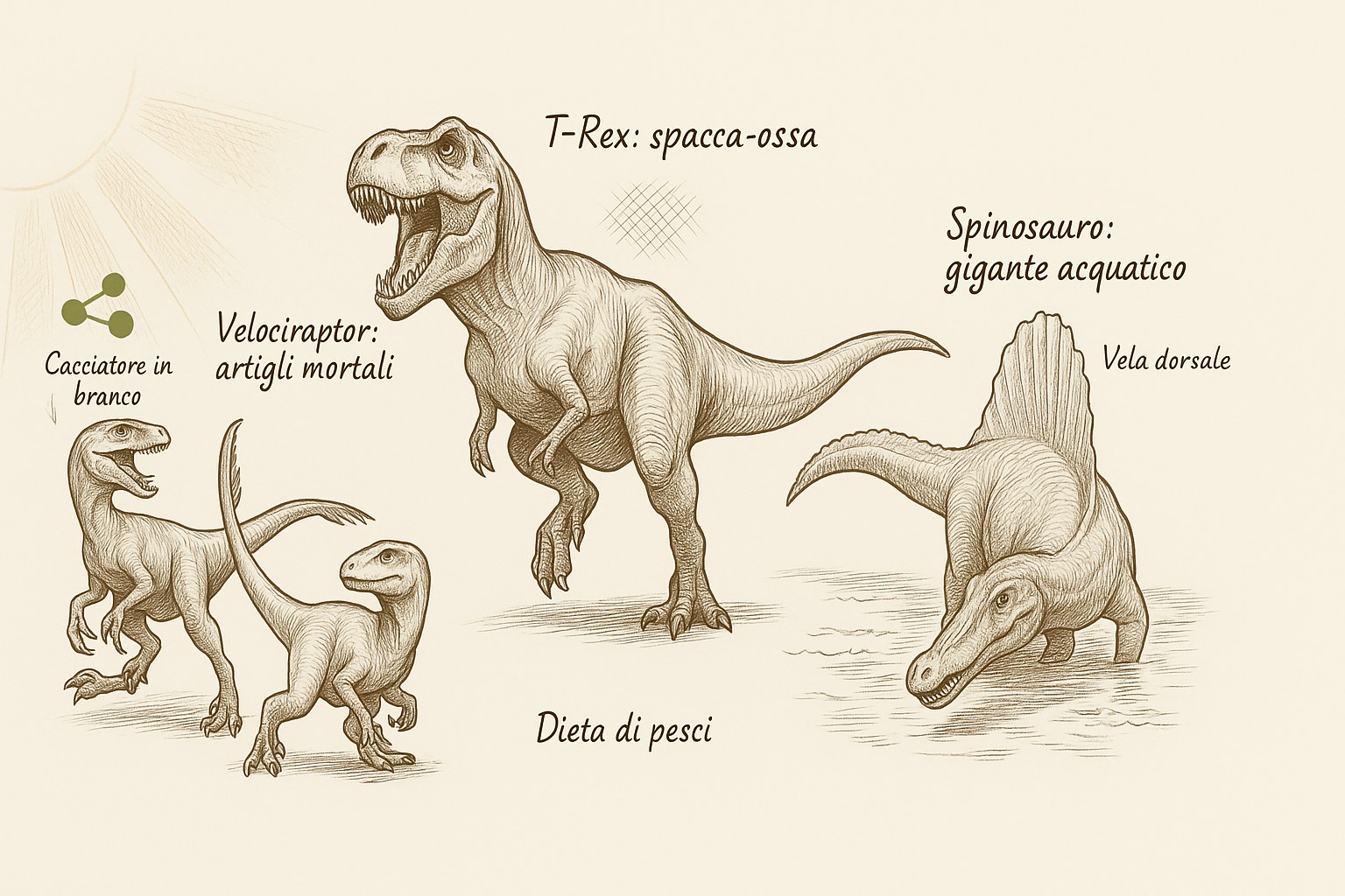 Illustrazione di un T-Rex e di uno Spinosauro in un paesaggio preistorico