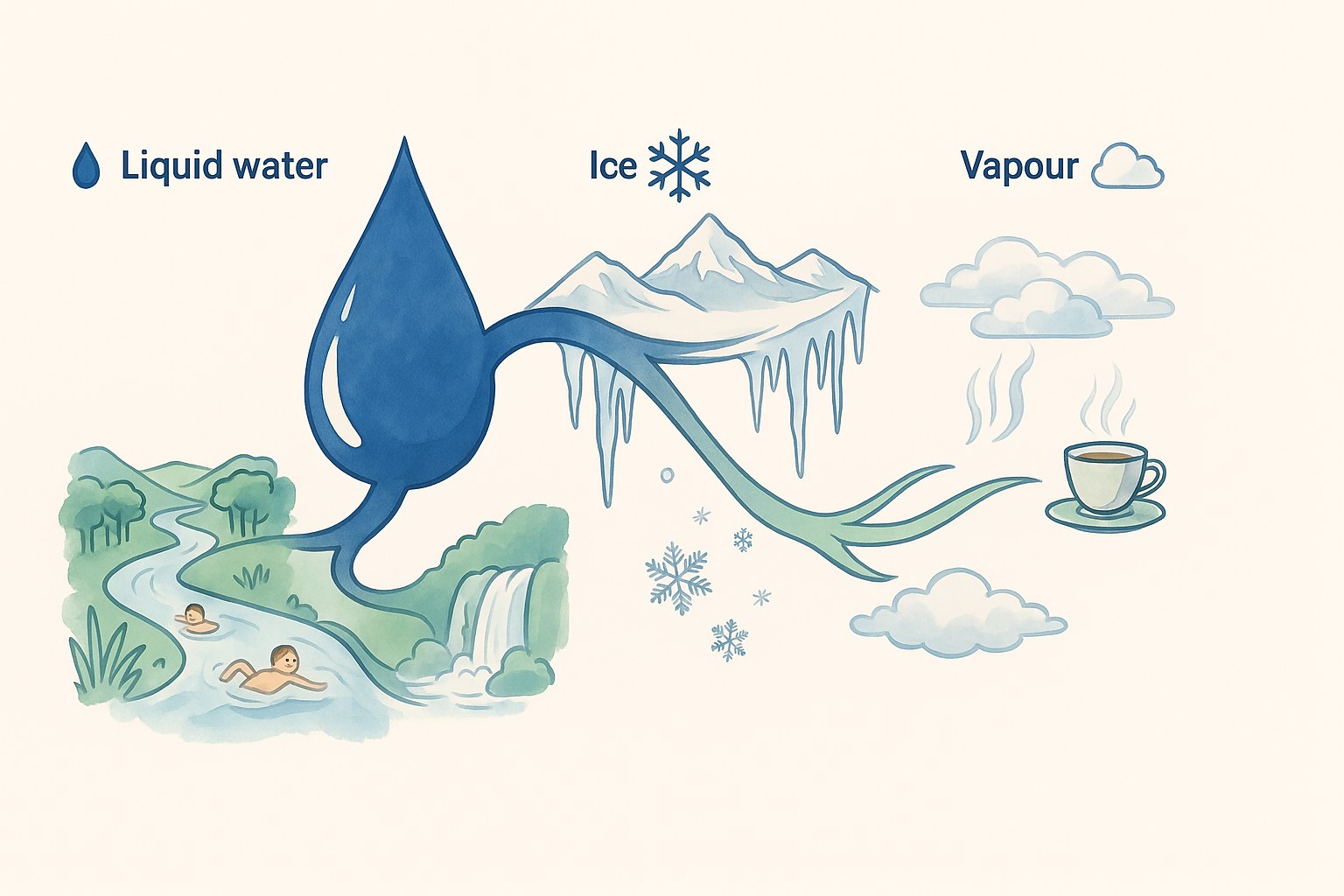 Diagram showing the three states of water for kids: liquid, solid and gas