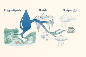 Esquema que muestra los tres estados del agua para ninos: liquido, solido y gaseoso