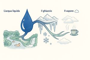 Schema che mostra i tre stati dell'acqua per bambini: liquido, solido e gassoso