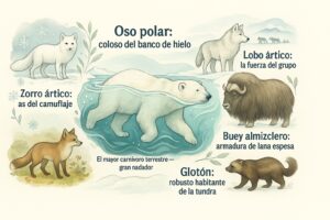 Los mamíferos emblemáticos de la tundra ártica: oso polar, zorro ártico, lobo, buey almizclero y glotón