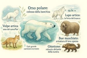 I mammiferi simbolo della tundra artica: orso polare, volpe artica, lupo, bue muschiato e ghiottone
