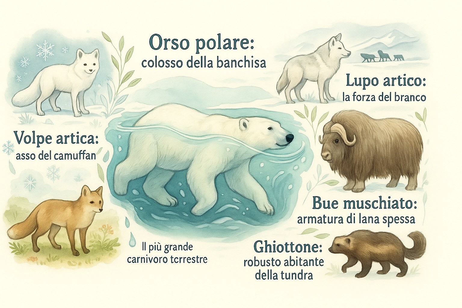 I mammiferi simbolo della tundra artica: orso polare, volpe artica, lupo, bue muschiato e ghiottone