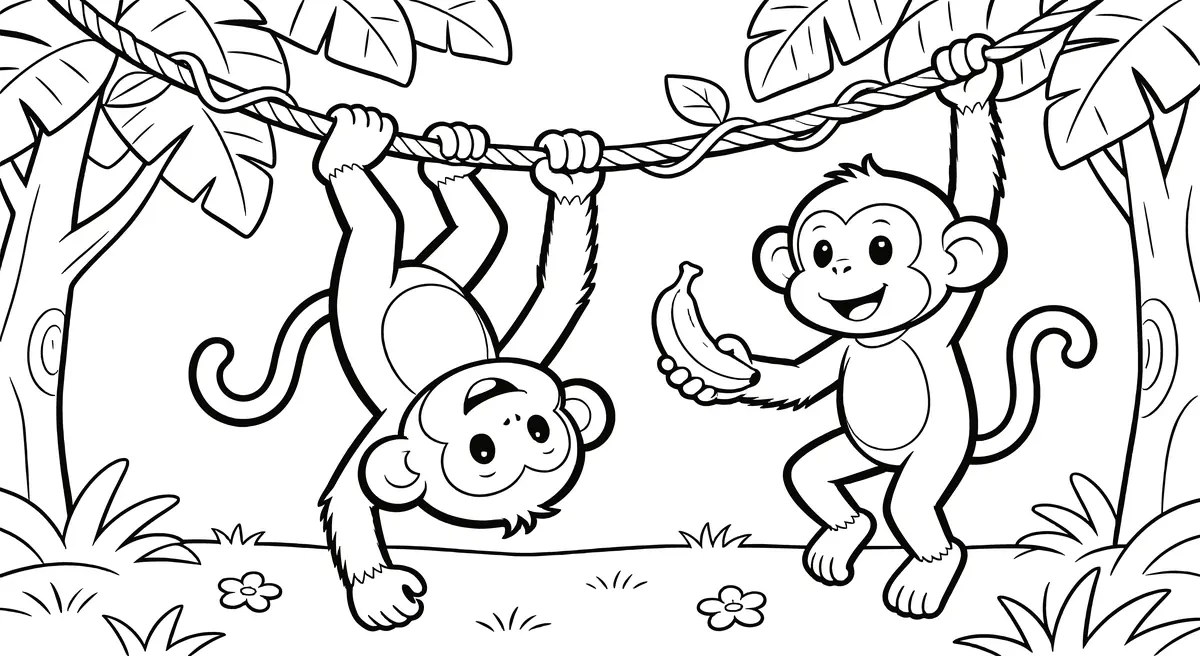 Two cartoon monkeys in the jungle passing a banana colouring page to print