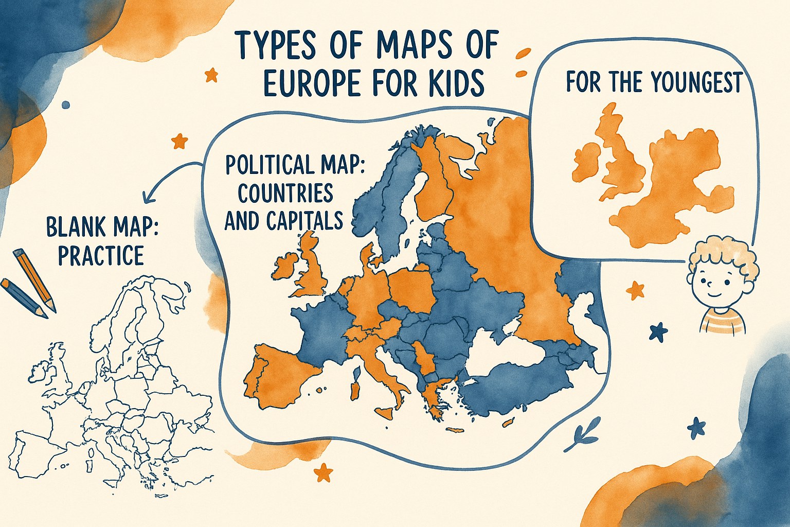 Different educational map types of Europe for children: political, blank and simplified versions