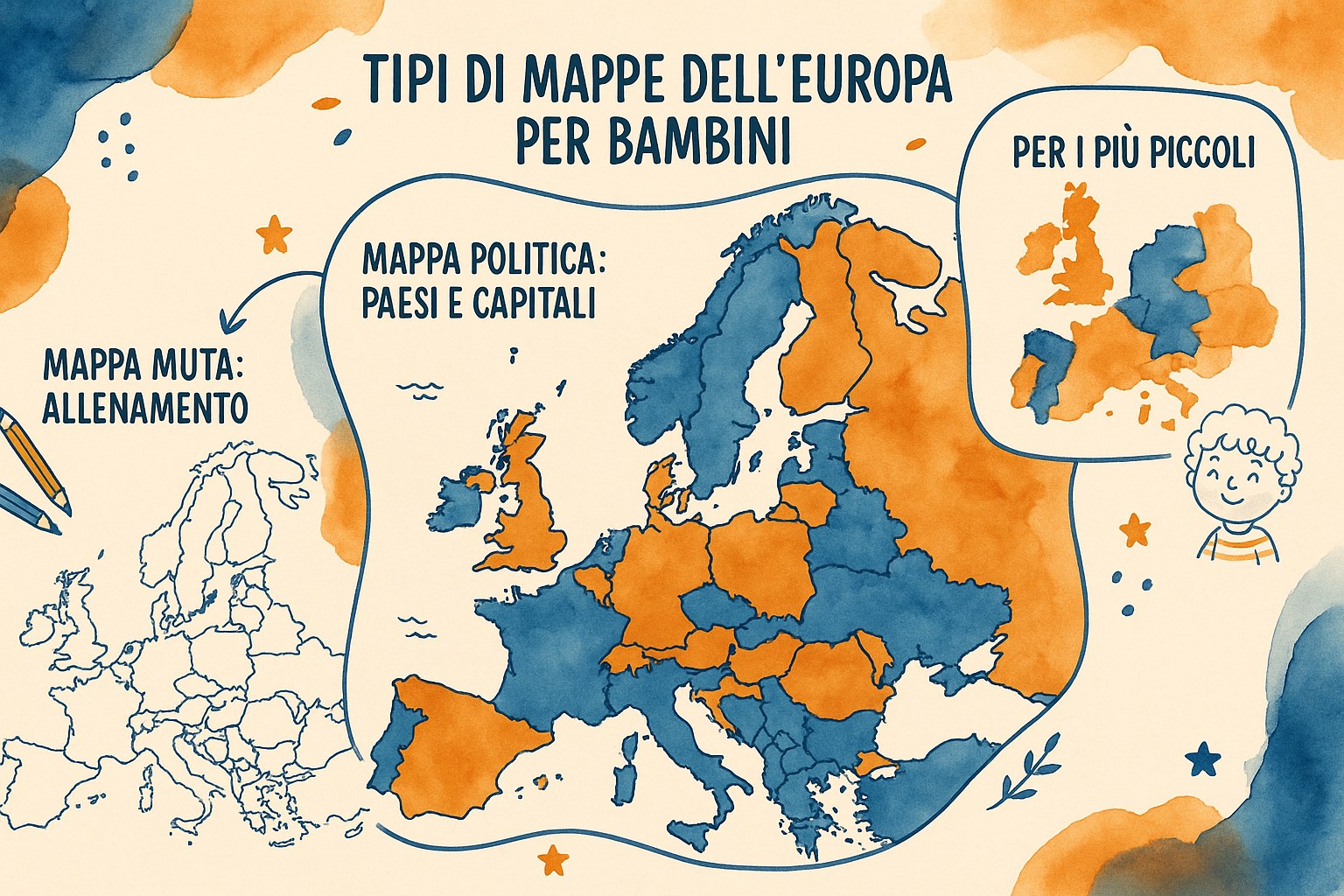 Diversi tipi di mappe didattiche dell'Europa per bambini: politiche, mute e semplificate