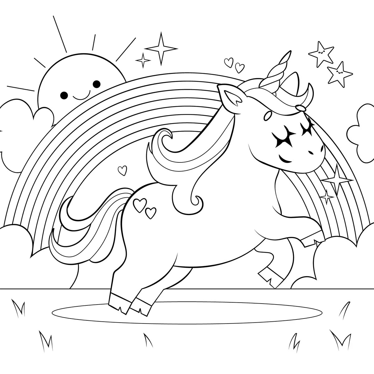 unicorn jumping in front of a big rainbow and a sun colouring page to print