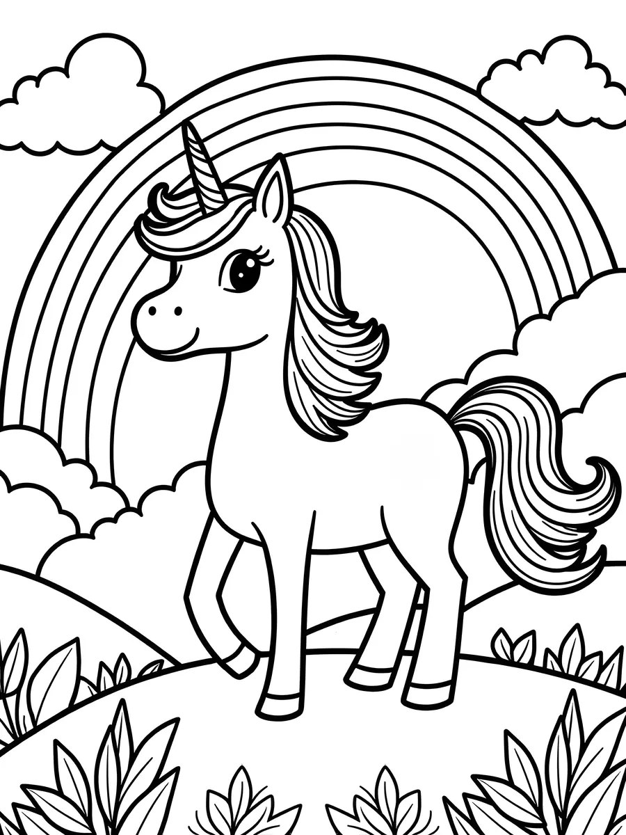 unicorn in front of a rainbow with clouds colouring page to print