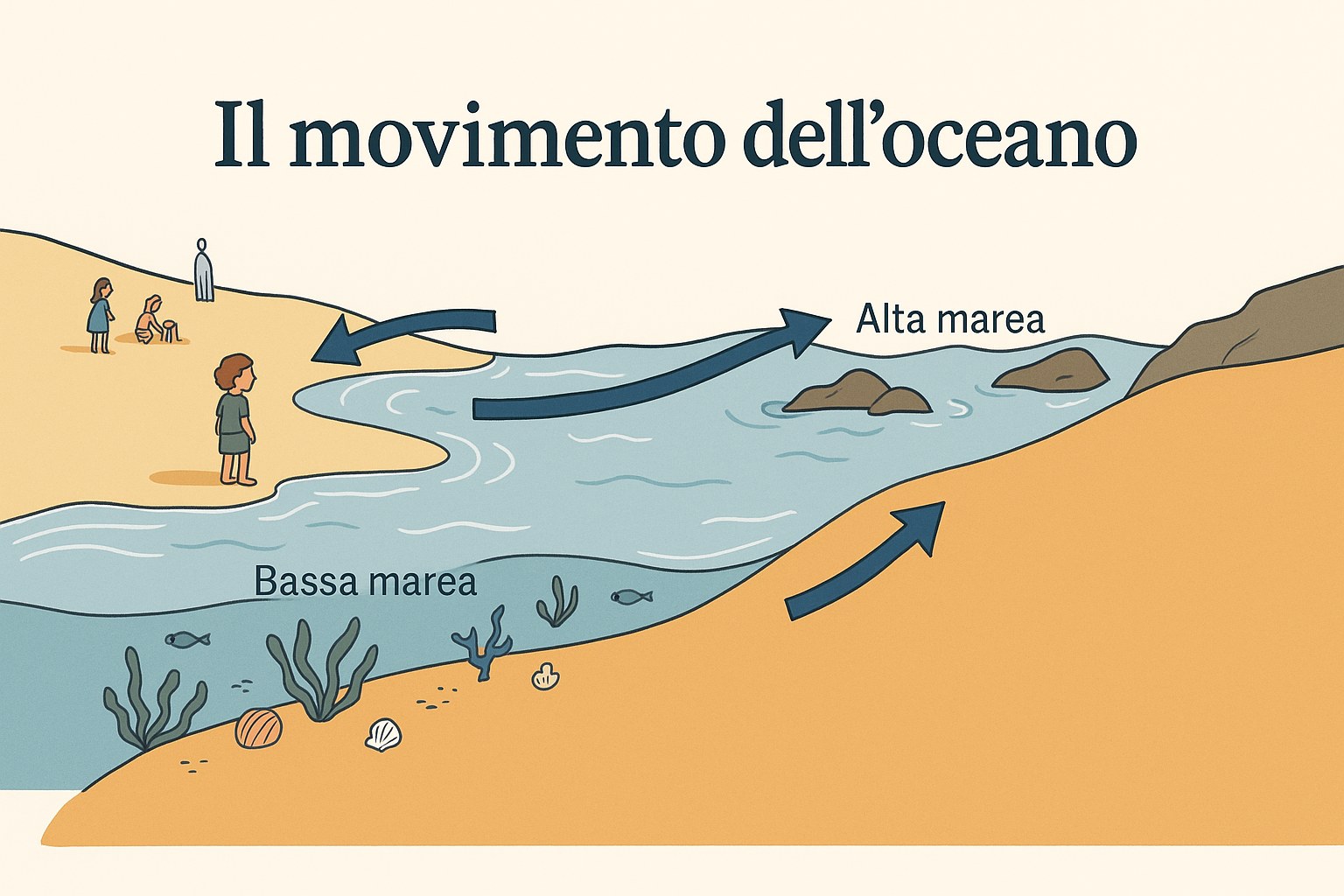 Sezione illustrata di una spiaggia che mostra l'alta marea e la bassa marea, con frecce del movimento dell'oceano e bambini che osservano il mare