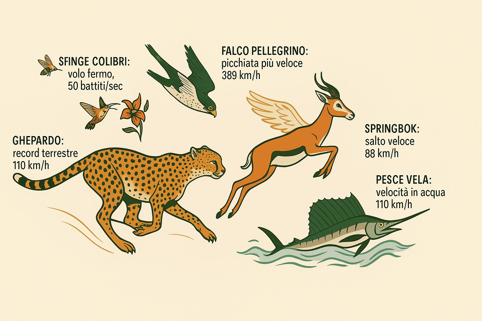 Confronto tra l'incredibile velocità di un ghepardo, un falco pellegrino e un pesce vela
