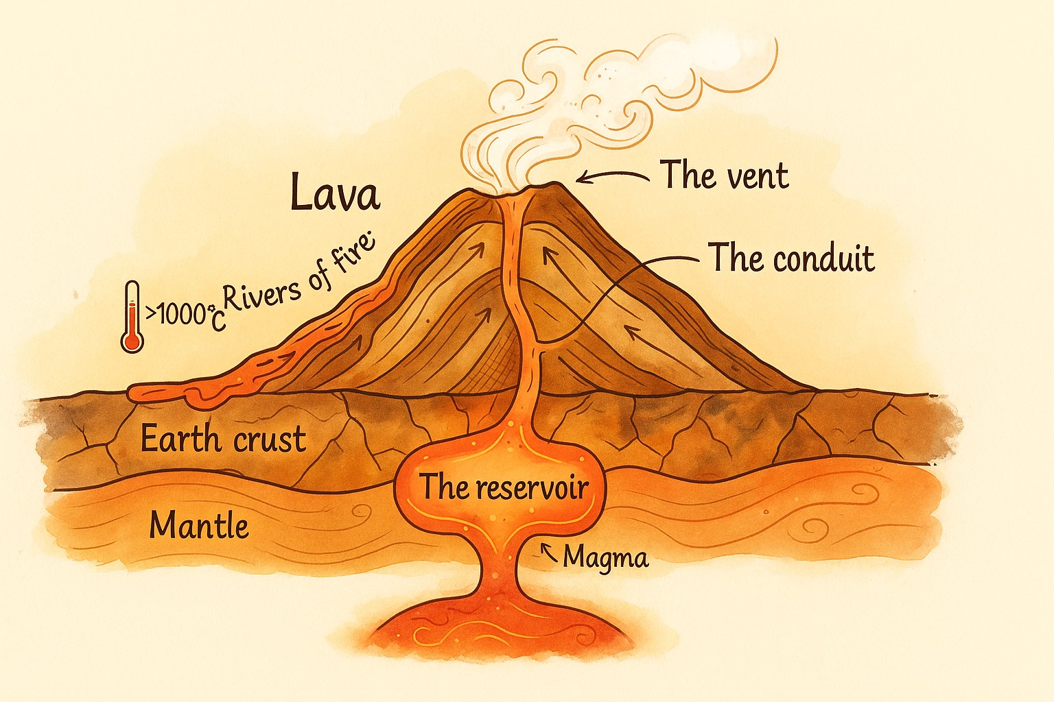 Cross-section diagram of an erupting volcano showing the conduit and the crater