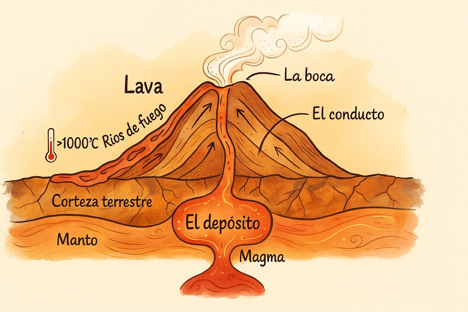Esquema de un corte transversal de un volcán en erupción que muestra el conducto y el cráter
