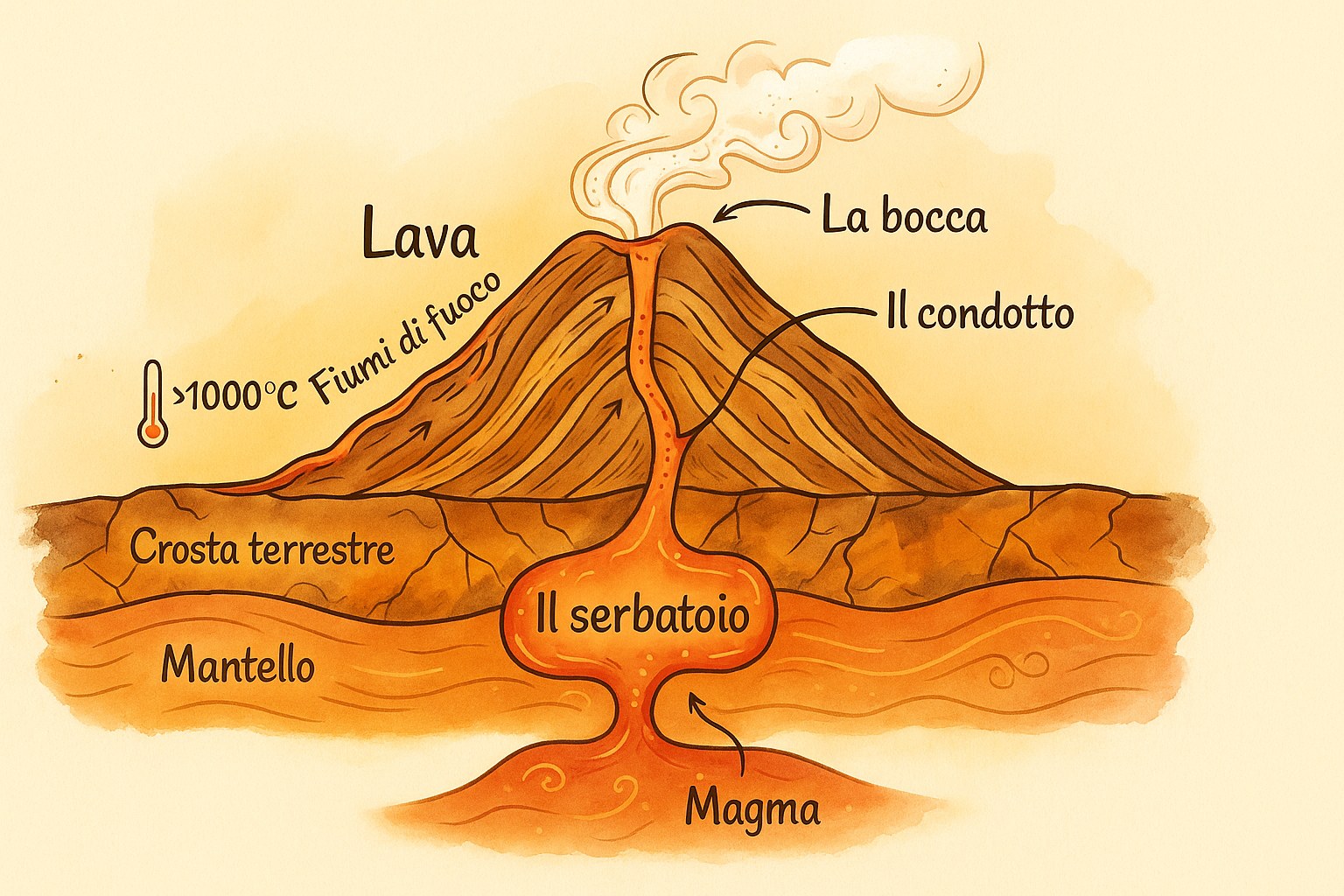 Schema di una sezione trasversale di un vulcano in eruzione che mostra il condotto e il cratere
