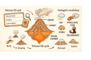 Educational infographic explaining how a volcano works for children