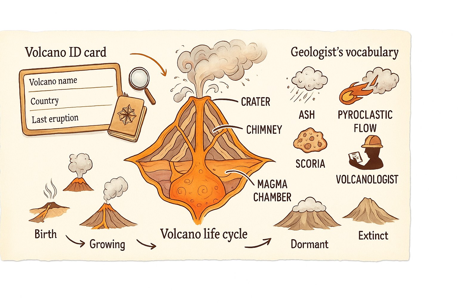 Educational infographic explaining how a volcano works for children