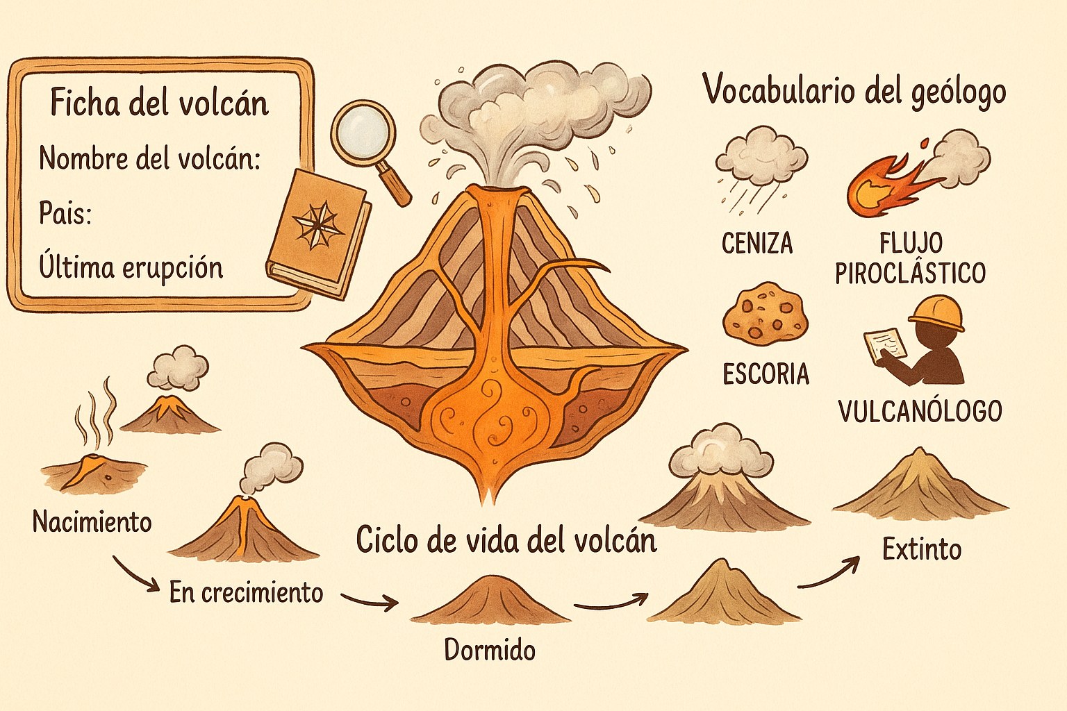 Infografía educativa que explica cómo funciona un volcán para niños