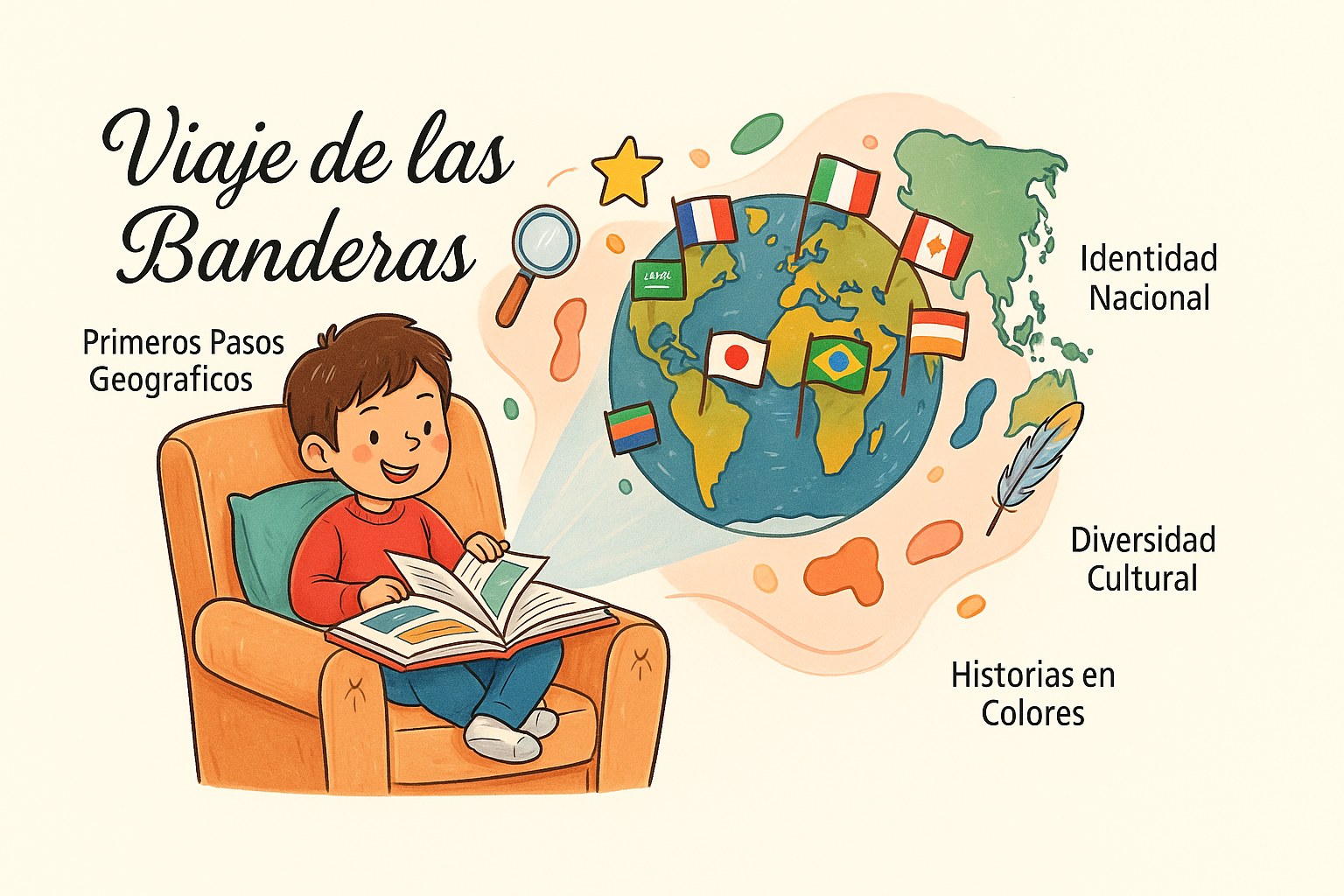 Un niño curioso observa un globo terráqueo y fichas de banderas de colores