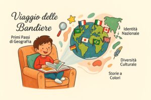 Un bambino curioso osserva un mappamondo e schede di bandiere colorate