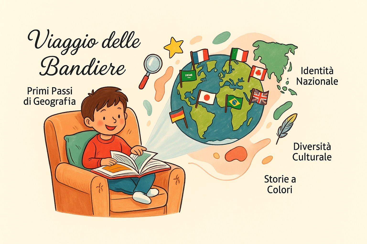 Un bambino curioso osserva un mappamondo e schede di bandiere colorate