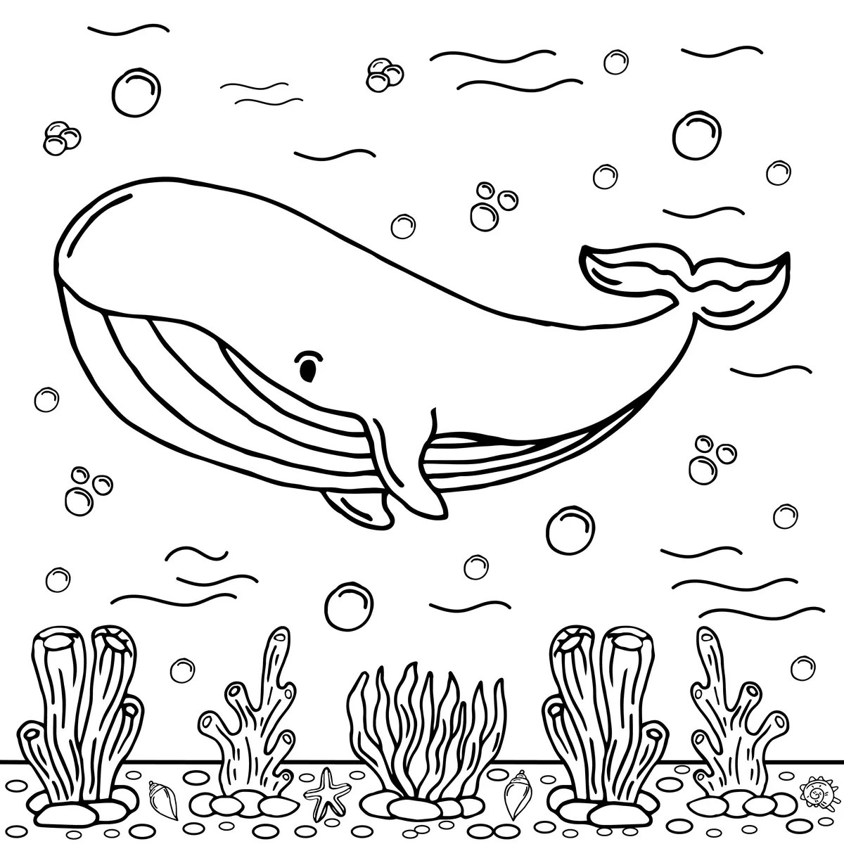 Cute whale above the corals colouring page to print