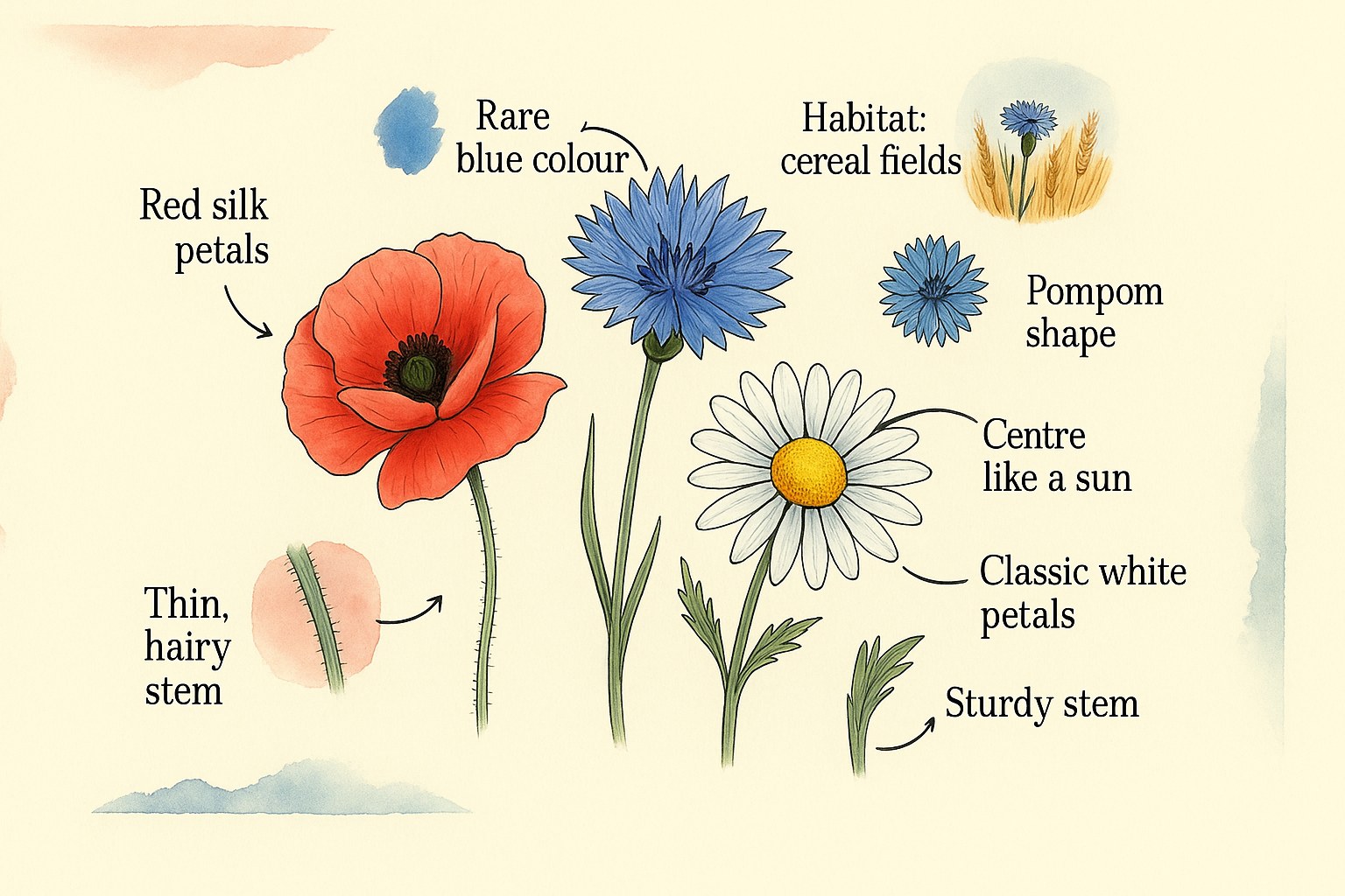 Watercolour illustration of a poppy, a cornflower and a daisy with their features labelled in English