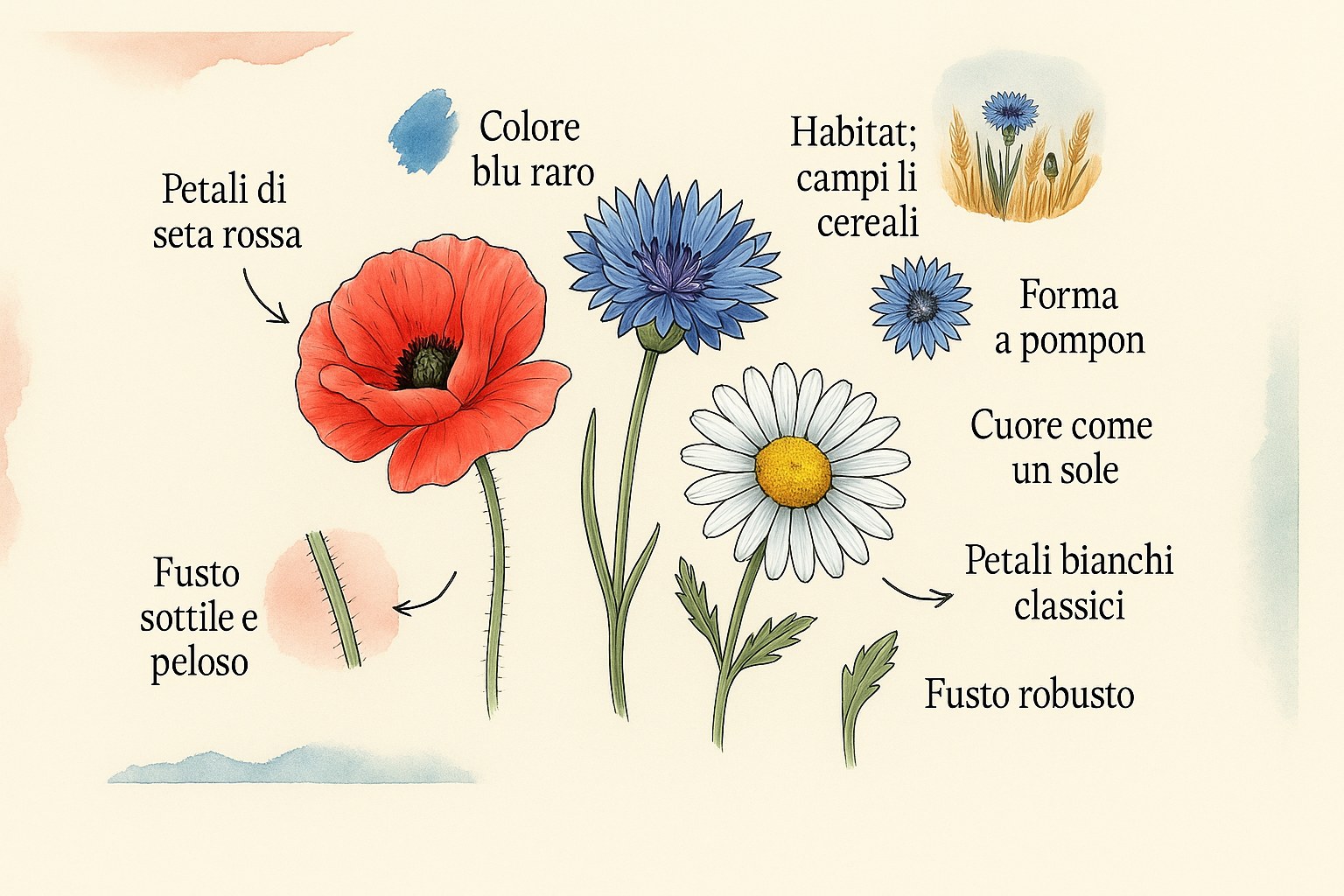 Illustrazione ad acquerello di un papavero, un fiordaliso e una margherita con le loro caratteristiche etichettate in italiano