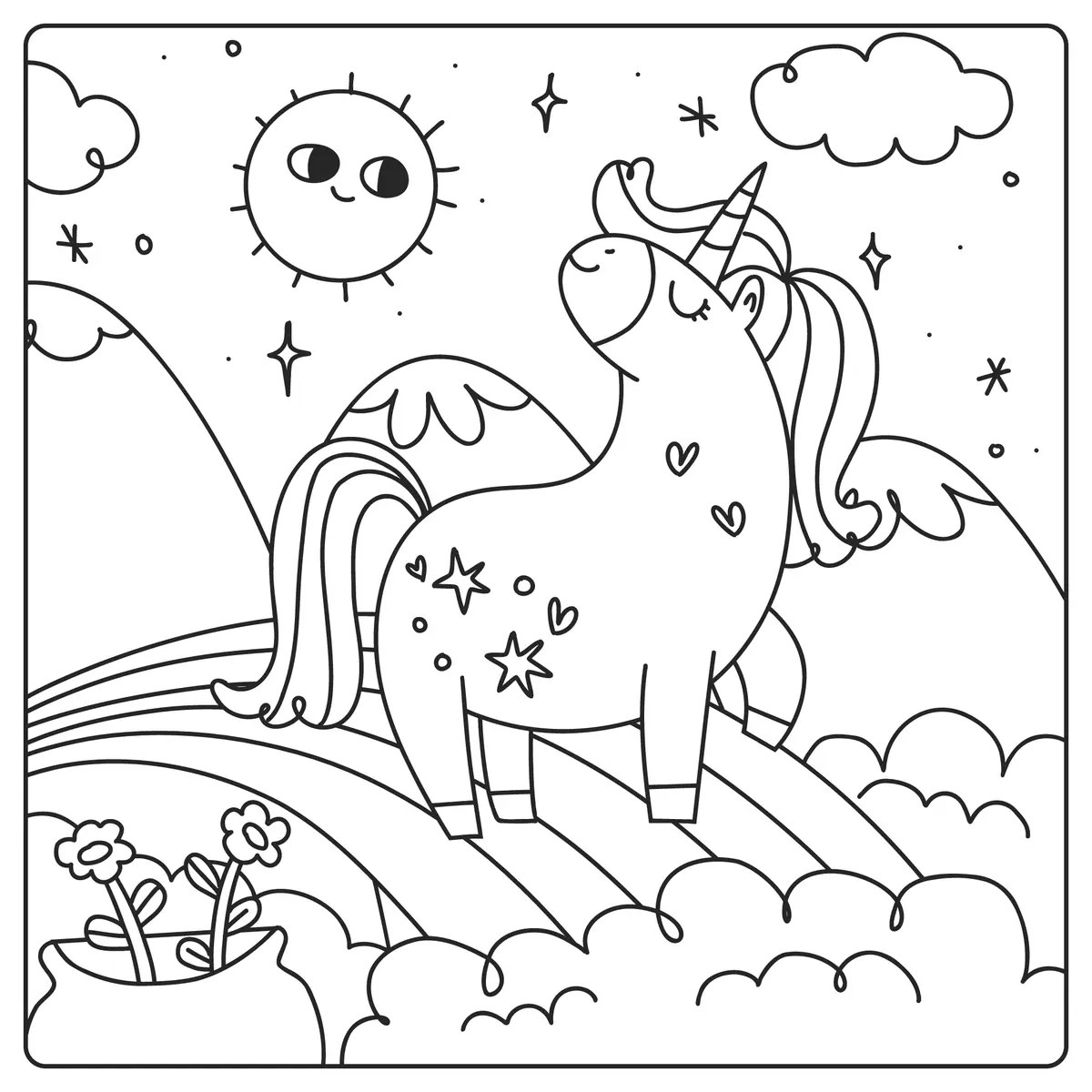 winged unicorn on a rainbow with a flowering pot colouring page to print