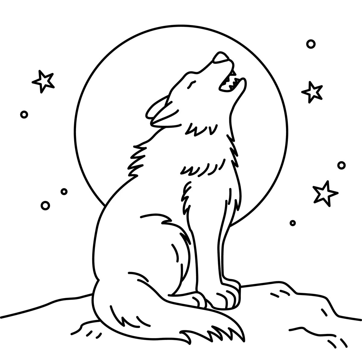 lobo de dibujos animados aullando en el bosque de noche para colorear e imprimir